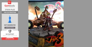 A 3D diorama featuring a warrior with a vehicle, set on a cracked stone base, labeled 'Jak 3'.