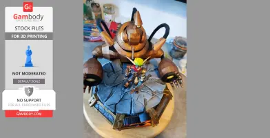 A detailed 3D printed diorama featuring a futuristic character and a large robot on a rocky base.