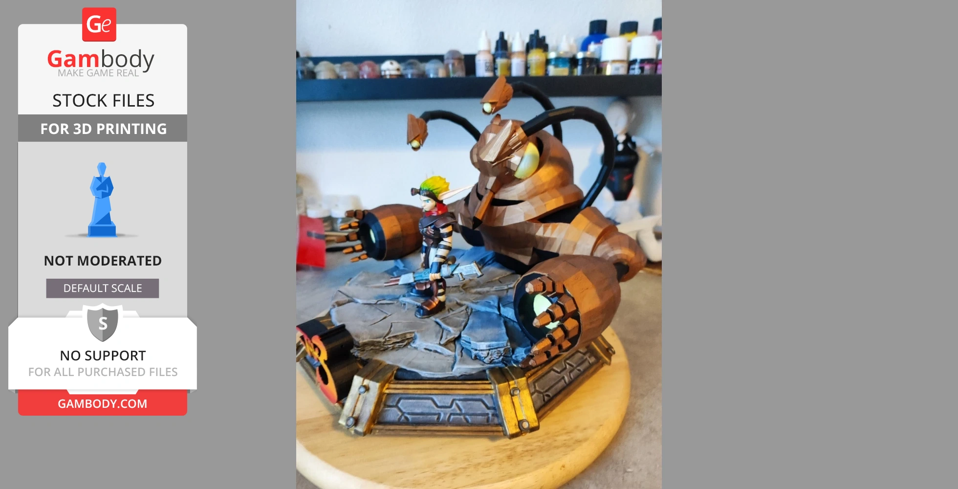 3D printed diorama featuring a character with green hair and a large robotic creature on a detailed base.