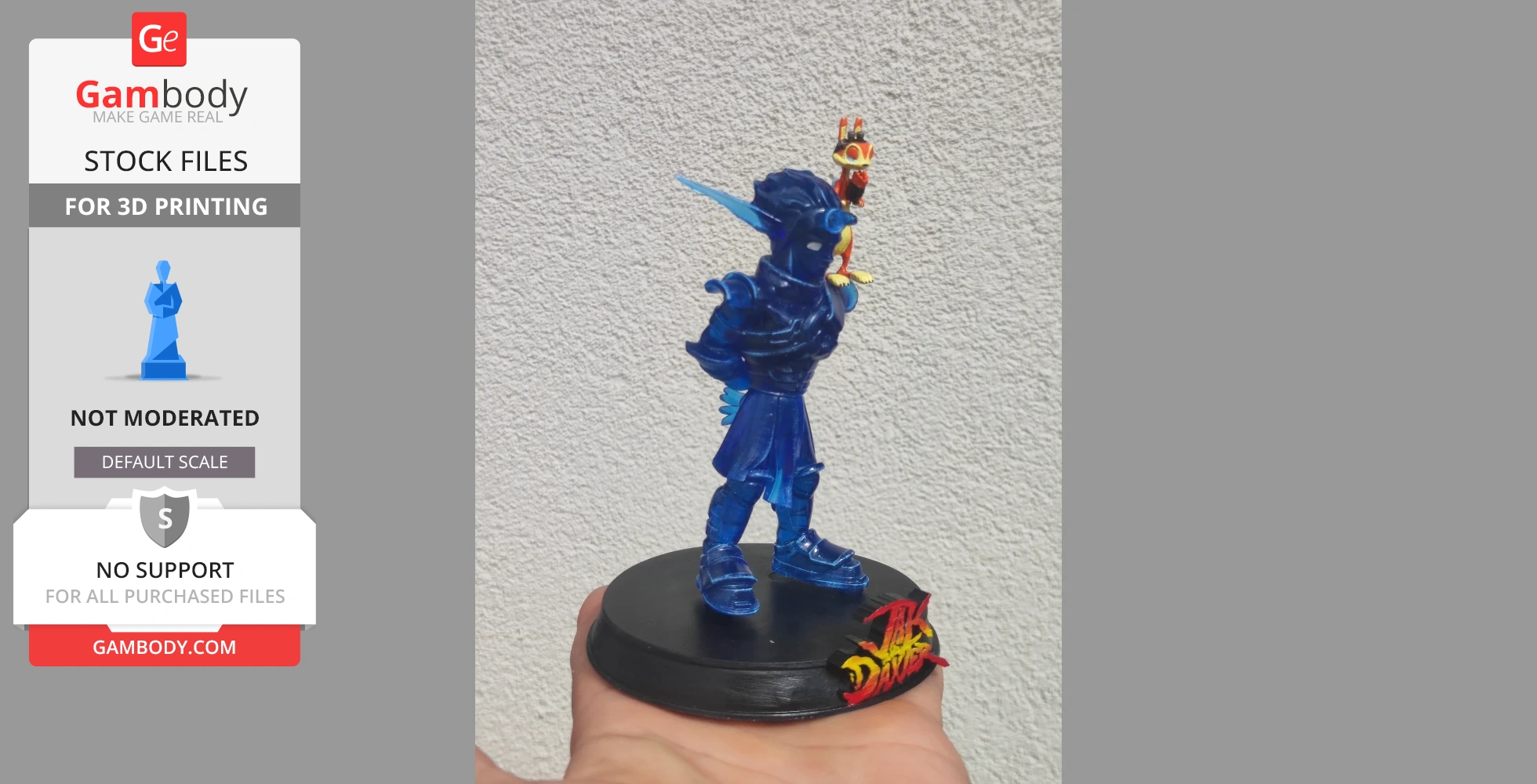 A blue 3D-printed figure resembling a fantasy character with a small creature on its shoulder, on a display base.