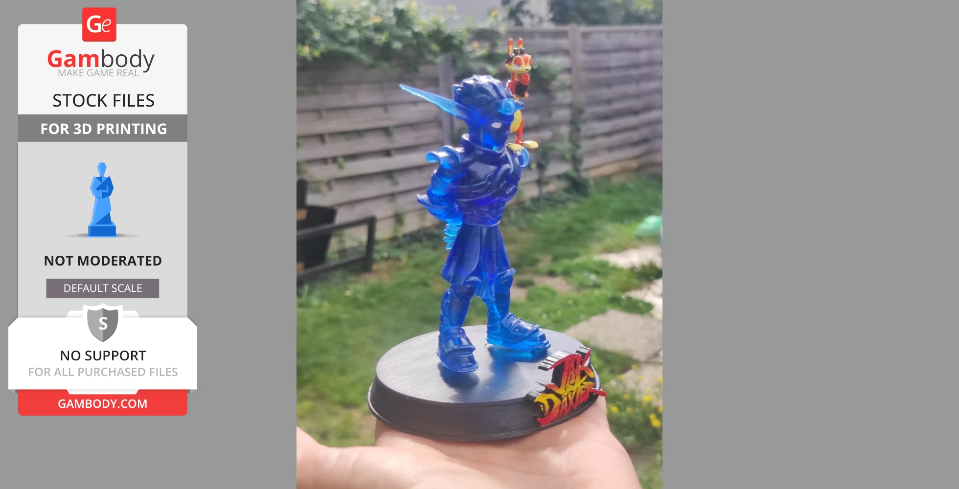 Blue 3D-printed figure of a character with pointed ears on a stand, held outdoors.