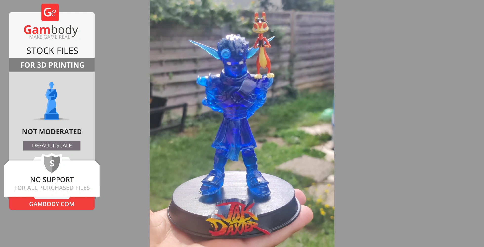 Transparent blue 3D-printed figure with companion on shoulder, labeled 'Jak and Daxter' on base.