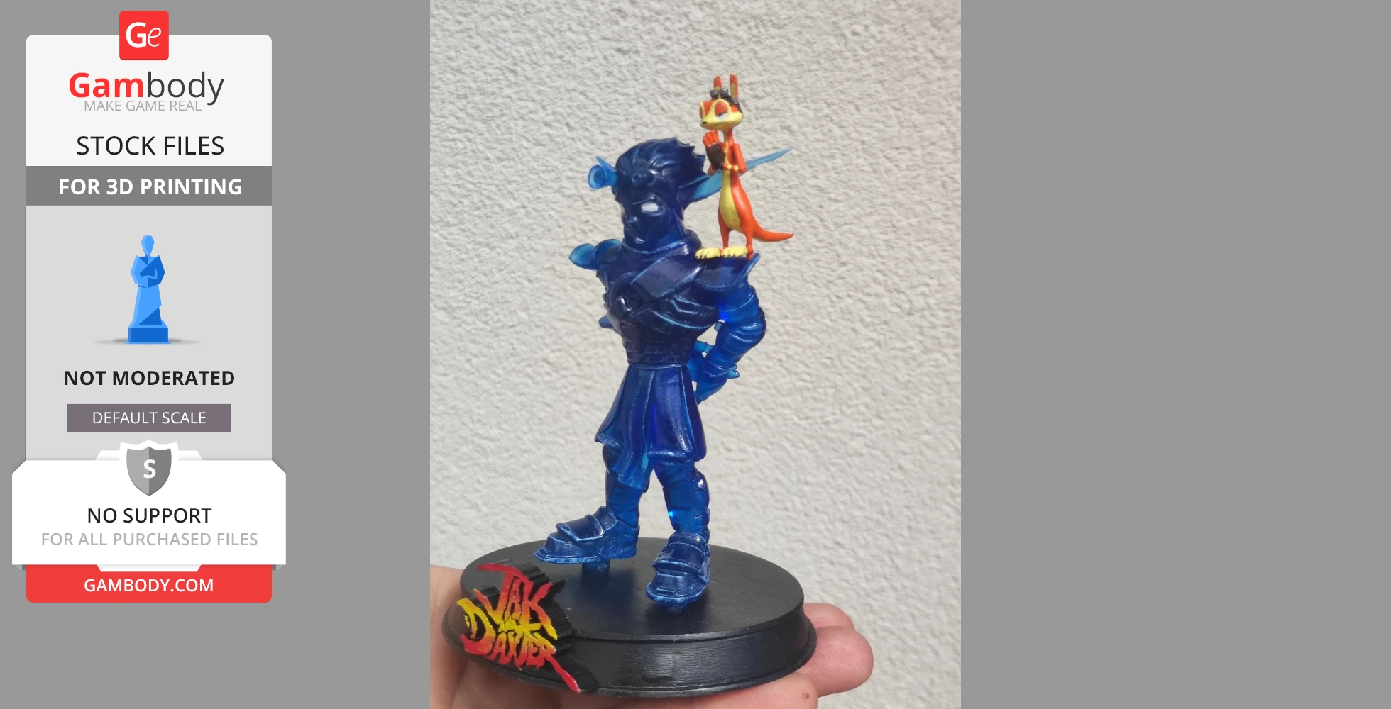 A detailed Jak and Daxter figurine on a black base, with a translucent blue finish and vibrant details.