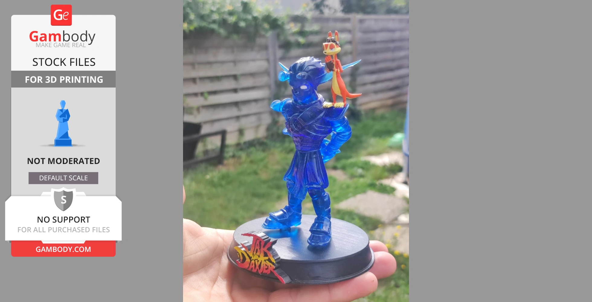 A translucent blue 3D-printed figure with a small orange creature on its shoulder, on a display base.