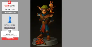 A stylized 3D model of a character with large ears and goggles, accompanied by a small creature on its shoulder.