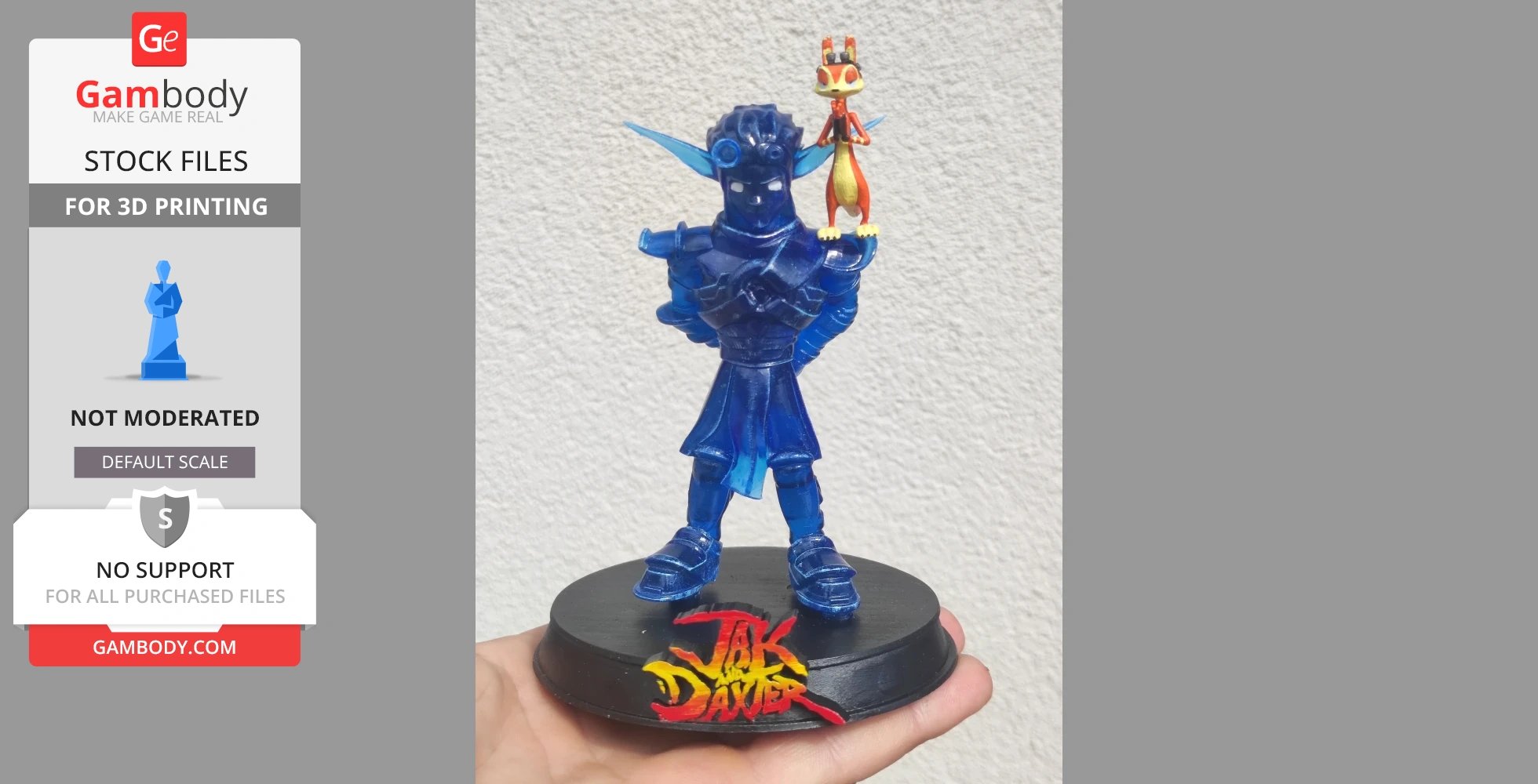 Blue figurine of a character with long ears and a creature on its shoulder, standing on a labeled base.