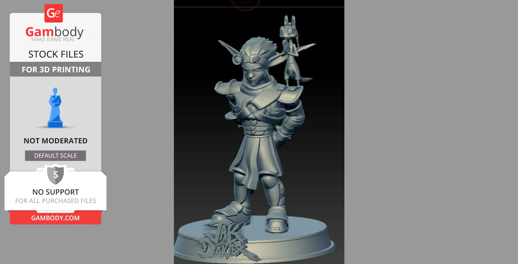 A 3D model of a character in armor with a small creature on its shoulder, standing on a round base.