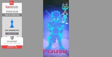 A glowing blue figure with pointed ears stands confidently, with a small creature perched on its shoulder.
