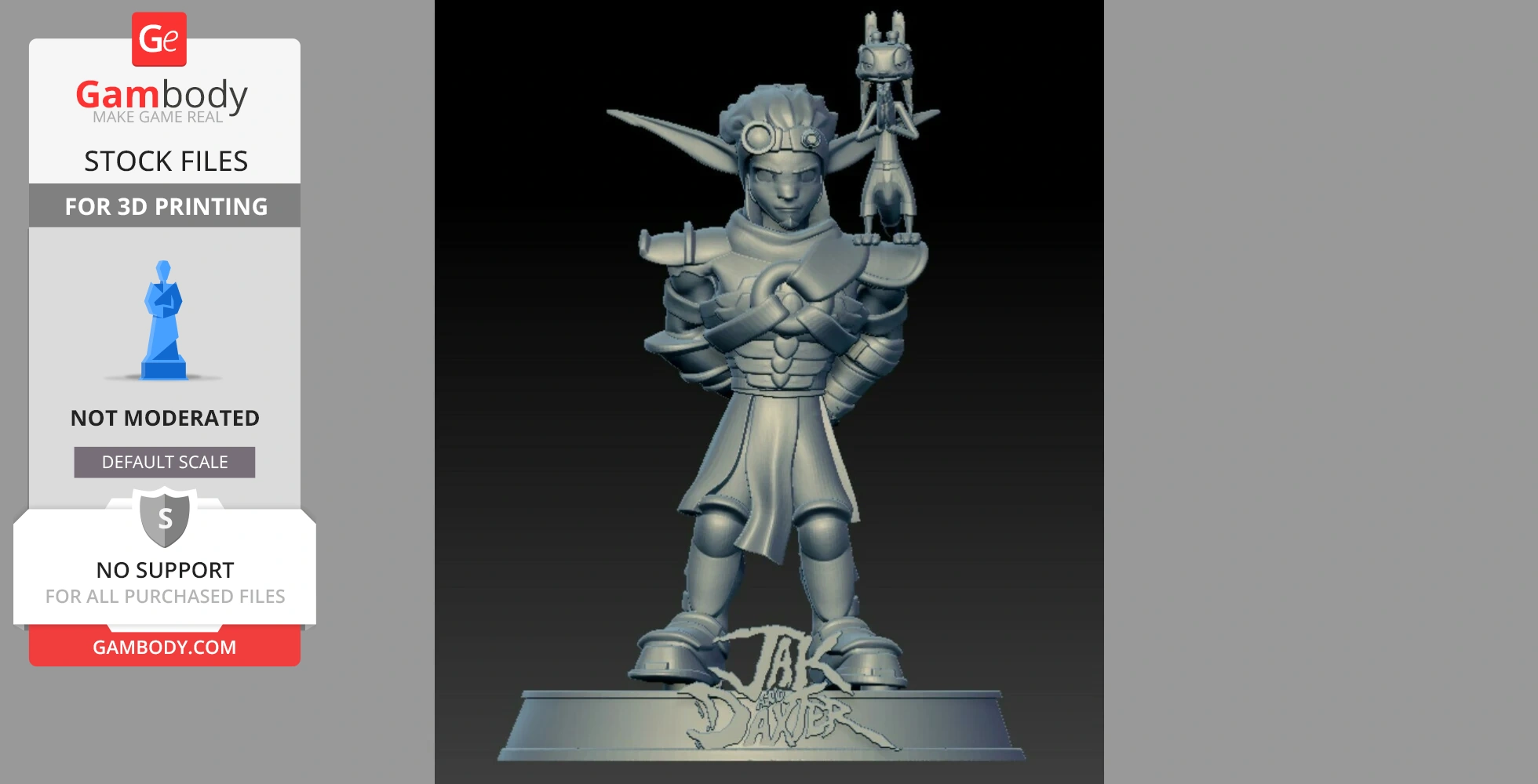 Heroic 3D figure with goggles and companion on shoulder, standing on a base labeled 'Jak and Daxter.'