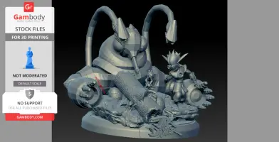 3D model of Jak, Daxter, and a large mechanical creature on a detailed base, for 3D printing.