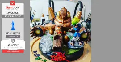 3D printed characters from 'Jak and Daxter' with a robotic figure on a detailed display base.