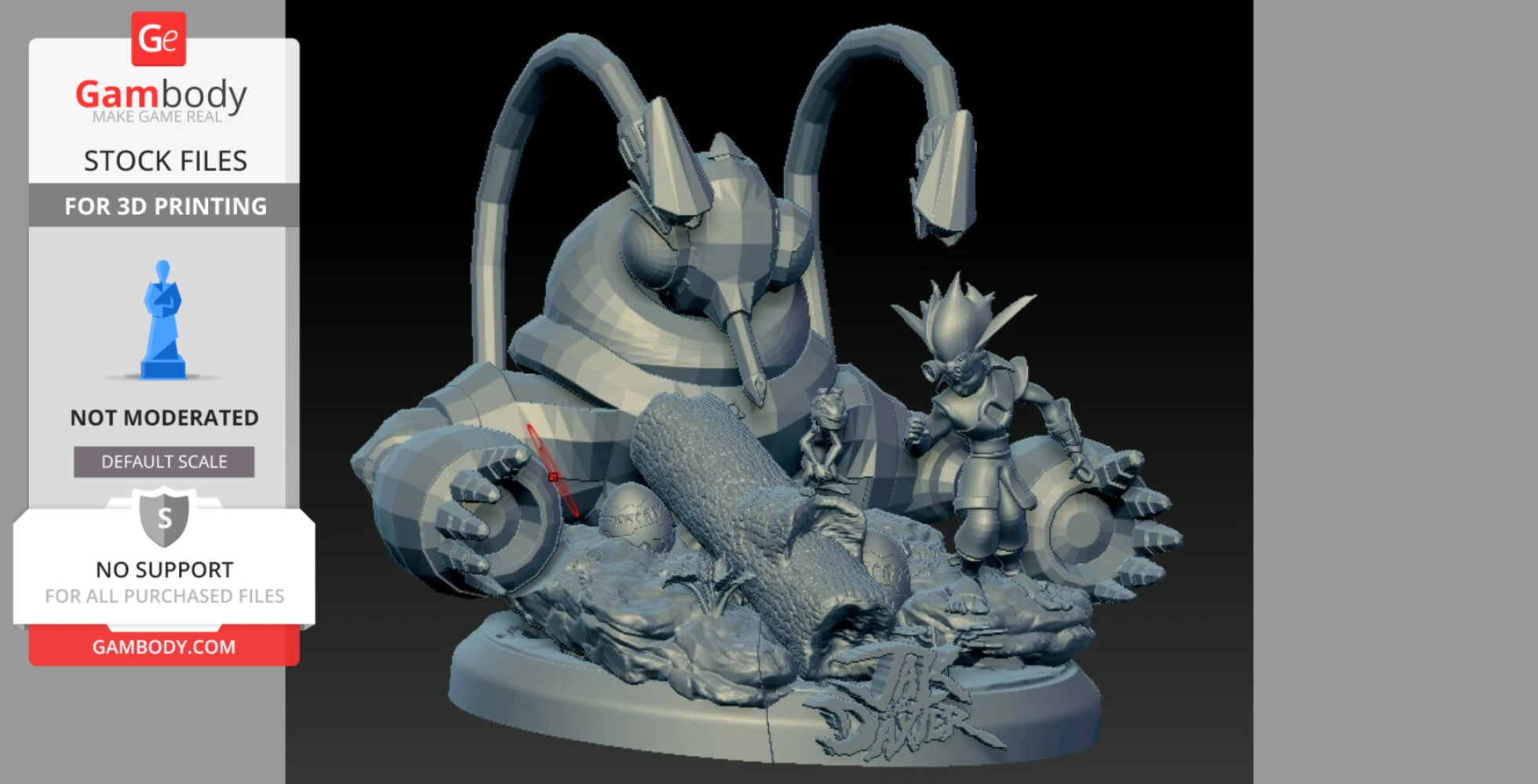 3D model of Jak, Daxter, and a large mechanical creature on a detailed base, for 3D printing.