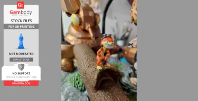 A colorful, cartoon-like creature stands on a textured log, surrounded by a detailed landscape.