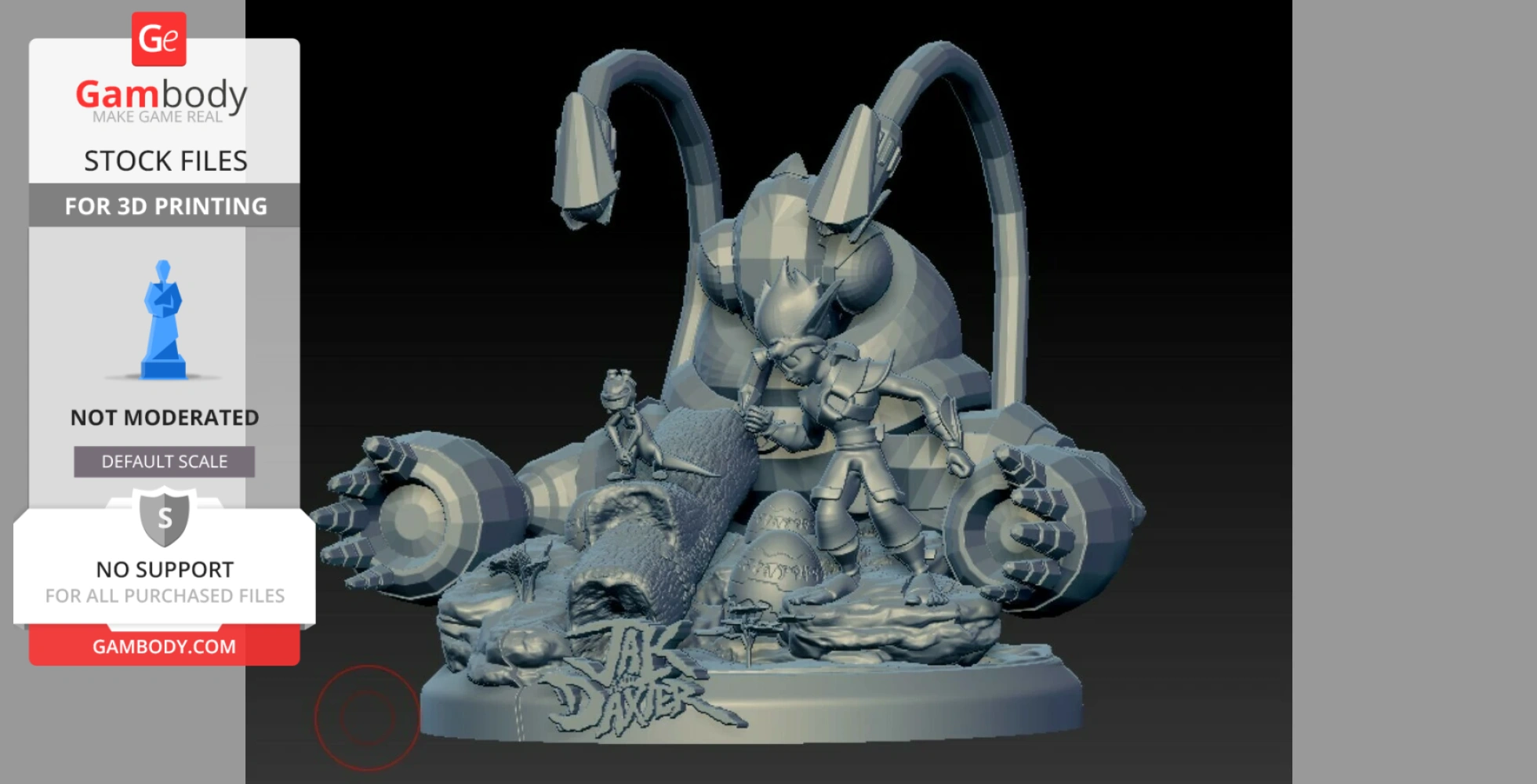 Figures of Jak and Daxter with machinery and terrain details on a base, ready for 3D printing.
