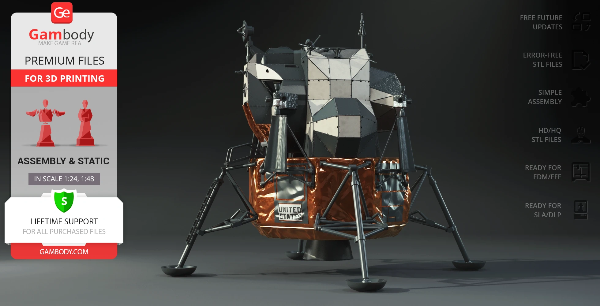 Apollo 11 Lunar Module Eagle 3D model for 3D printing, featuring realistic details and assembly instructions.