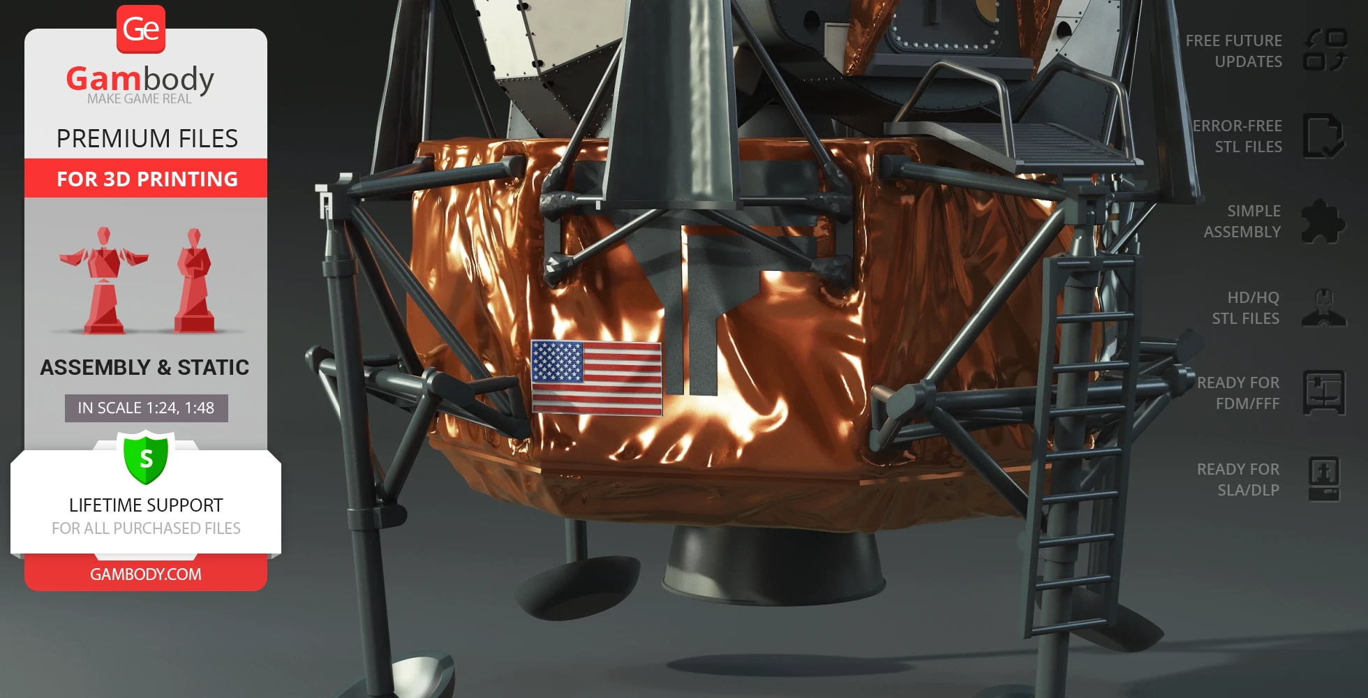 Apollo 11 Lunar Module model with U.S. flag and copper-like finish, ready for 3D printing.