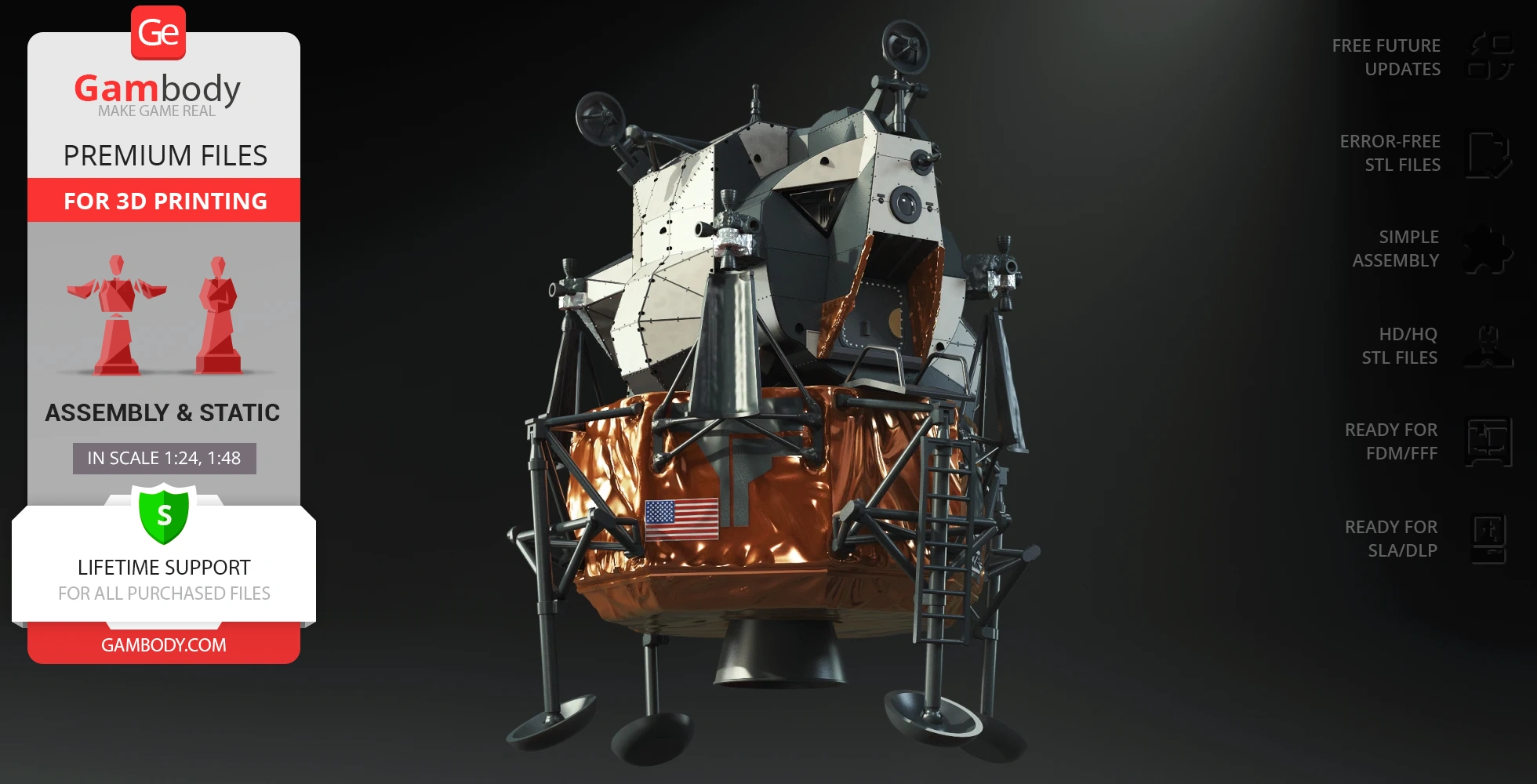 Apollo 11 Lunar Module 3D model for printing, detailed design with American flag visible.