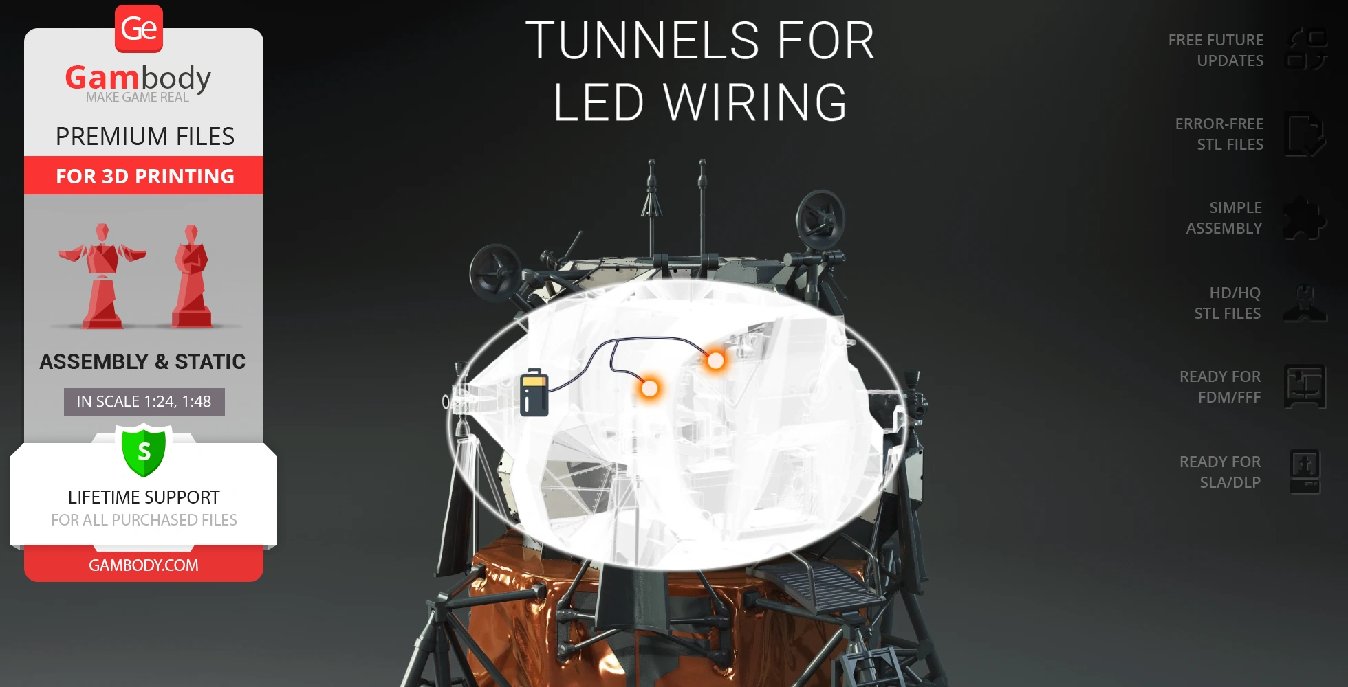 3D model of Apollo 11 Lunar Module Eagle, highlighting LED wiring tunnels for 3D printing.