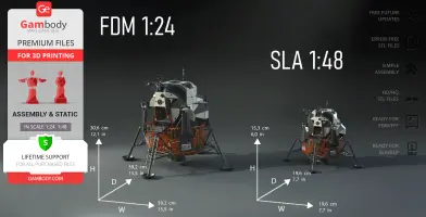 3D models of Apollo 11 Lunar Module for 3D printing, shown in FDM 1:24 and SLA 1:48 scales.
