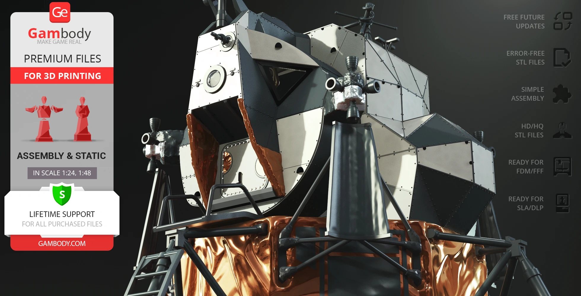 Detailed 3D model of Apollo 11 Lunar Module Eagle for 3D printing, highlighting assembly features.