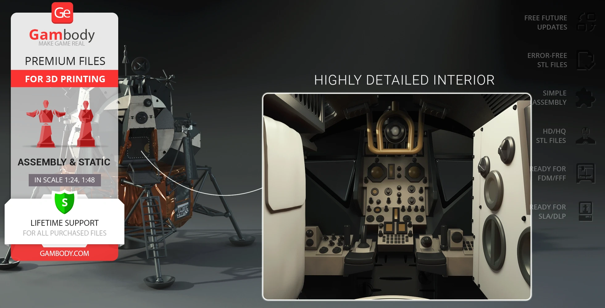 Apollo 11 Lunar Module 3D model with detailed interior for 3D printing, available on Gambody.