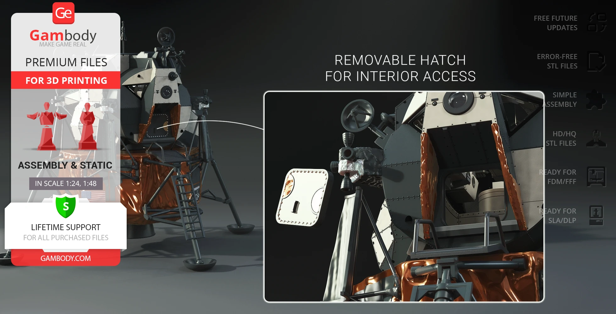 Apollo 11 Lunar Module 3D model with removable hatch for interior access, designed for printing.
