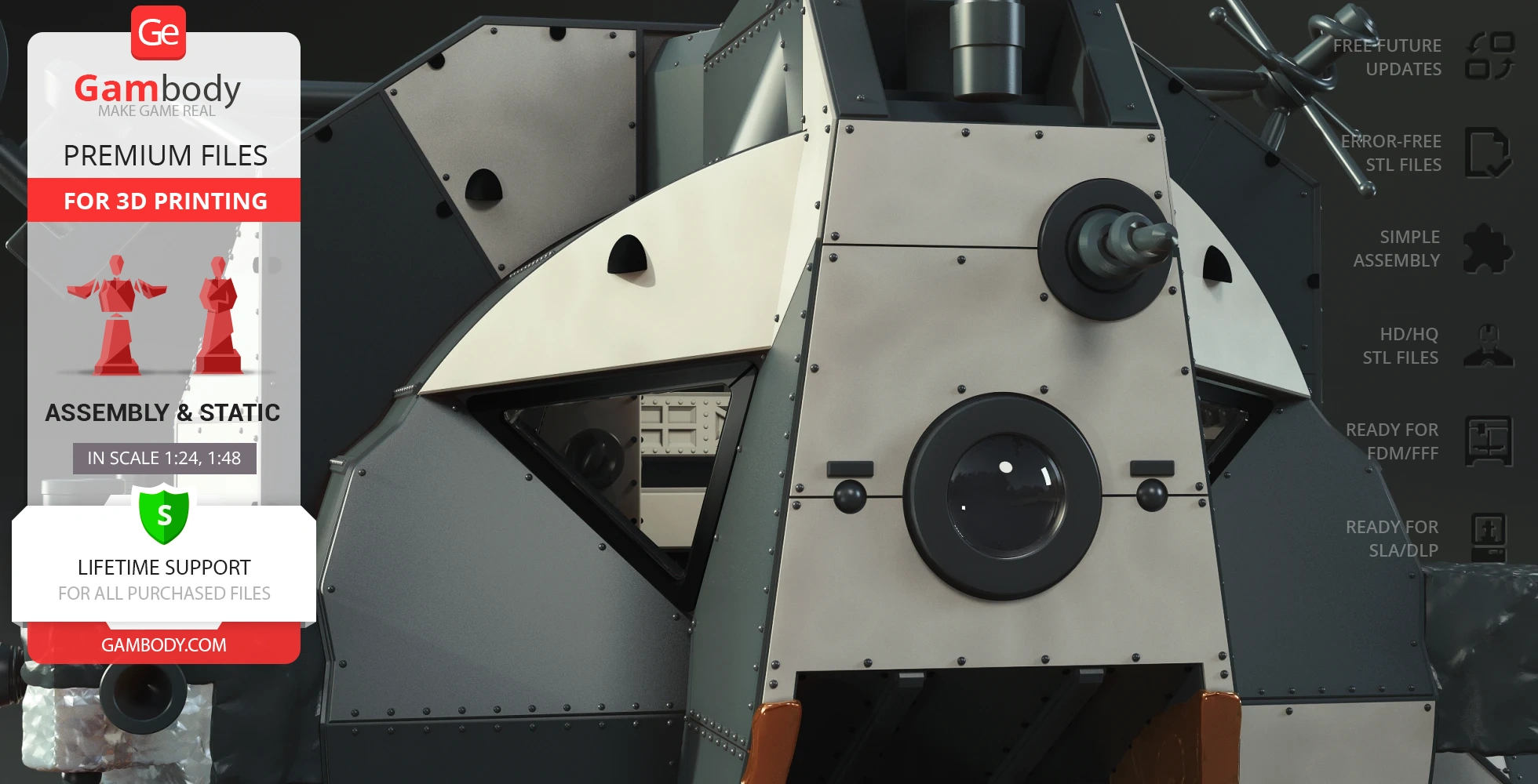 Detailed 3D model of Apollo 11 Lunar Module Eagle for 3D printing, featuring assembly details.