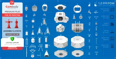 Apollo 11 Lunar Module 3D model parts layout on a blueprint background for 3D printing.