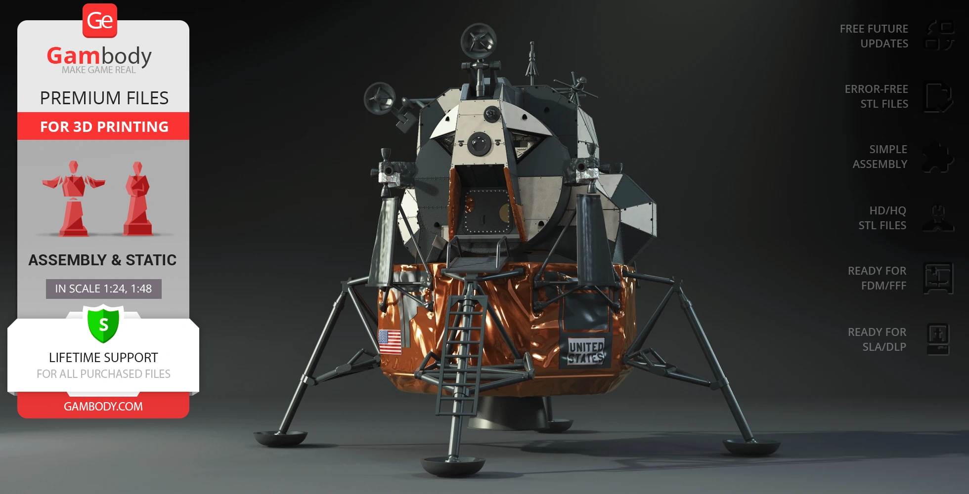 3D model of Apollo 11 Lunar Module Eagle, detailed for 3D printing with assembly instructions.