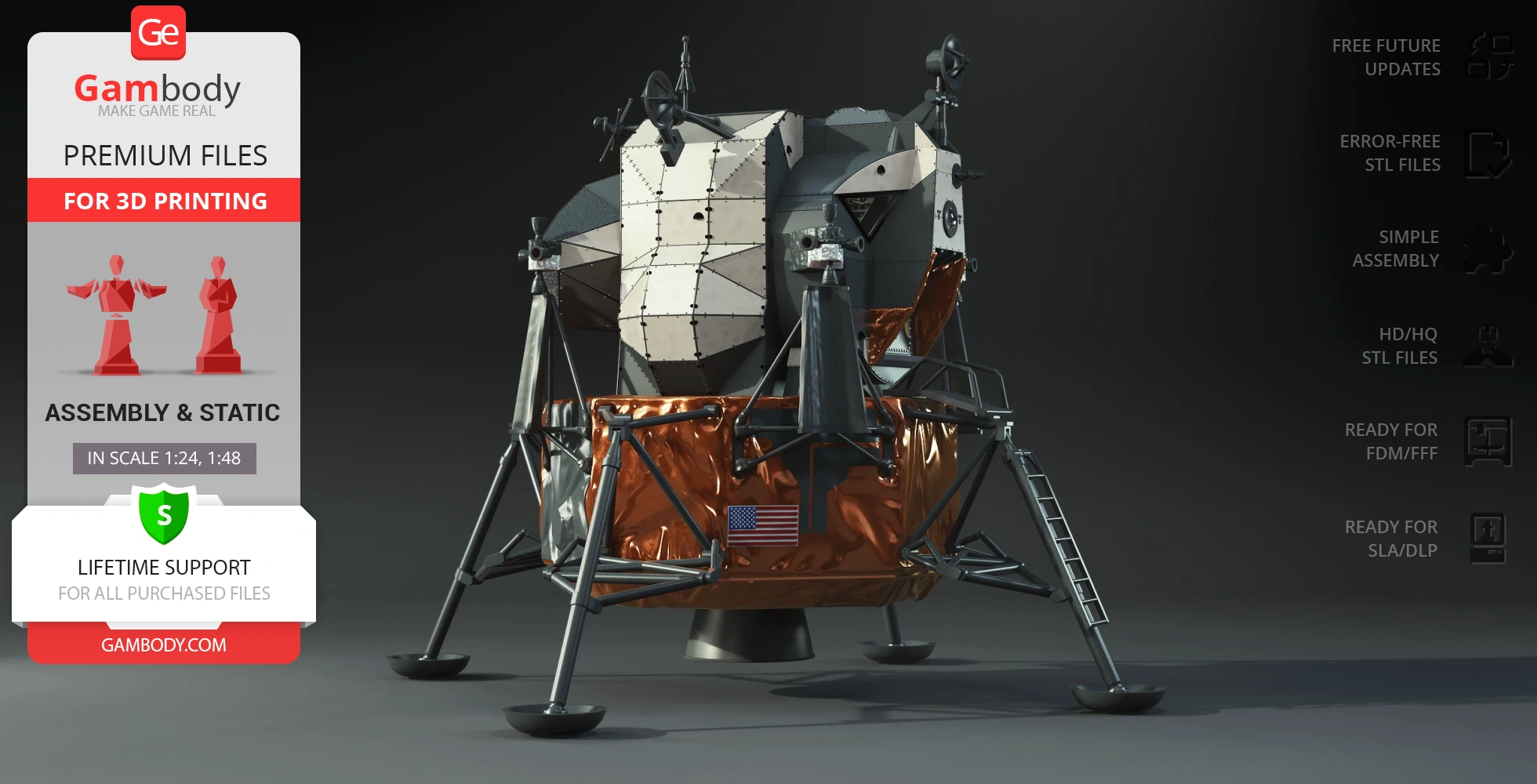 3D model of Apollo 11 Lunar Module 'Eagle' on dark background, ready for 3D printing.
