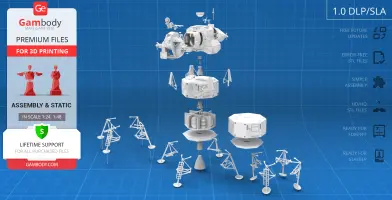 3D model of Apollo 11 Lunar Module, disassembled for printing, on a blue background with Gambody branding.