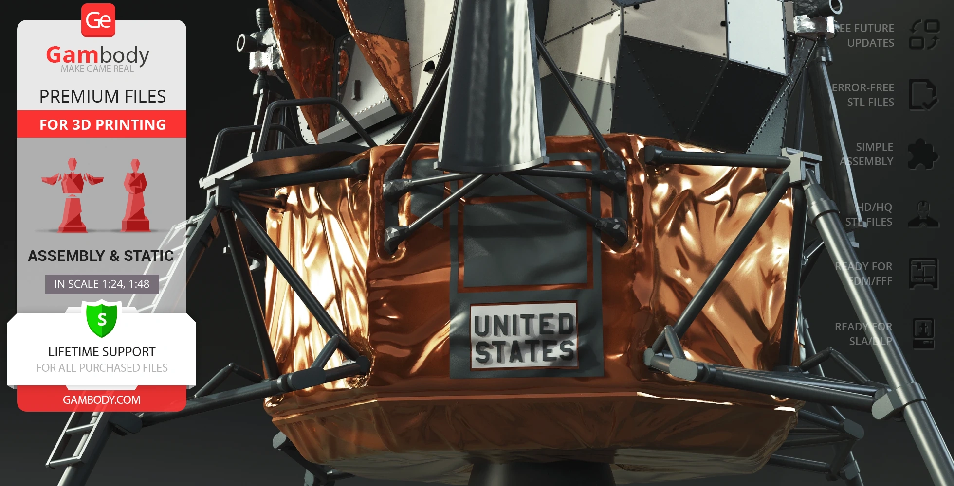 Apollo 11 Lunar Module Eagle model for 3D printing, showing structural details and 'United States' text.