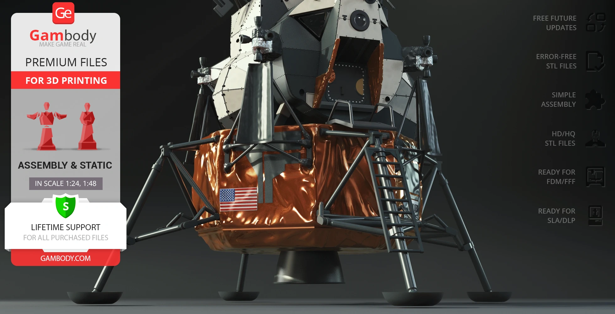 Apollo 11 Lunar Module Eagle 3D model with intricate details and U.S. flag, ready for 3D printing.