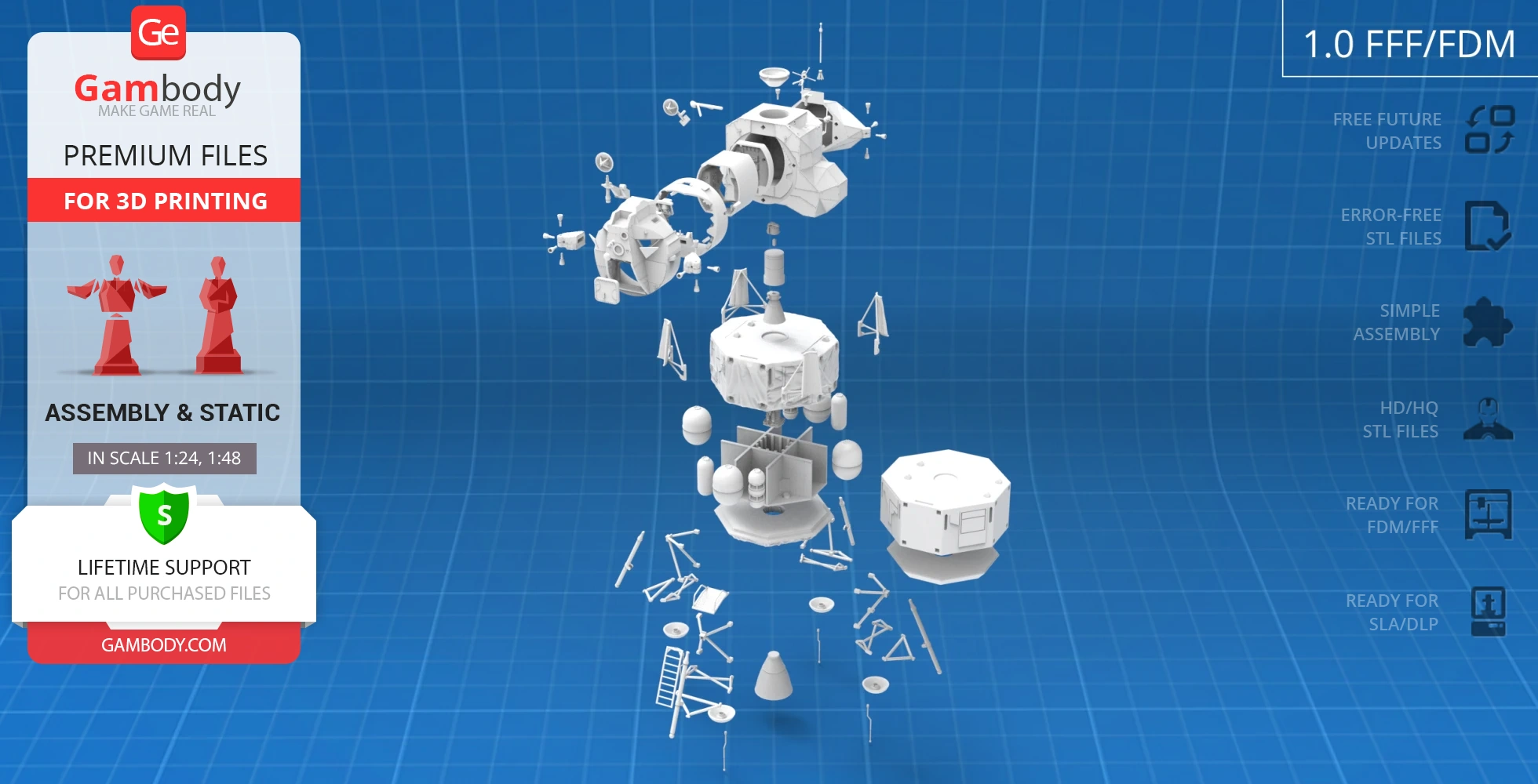 Exploded view of Apollo 11 Lunar Module model for 3D printing, showcasing individual components.
