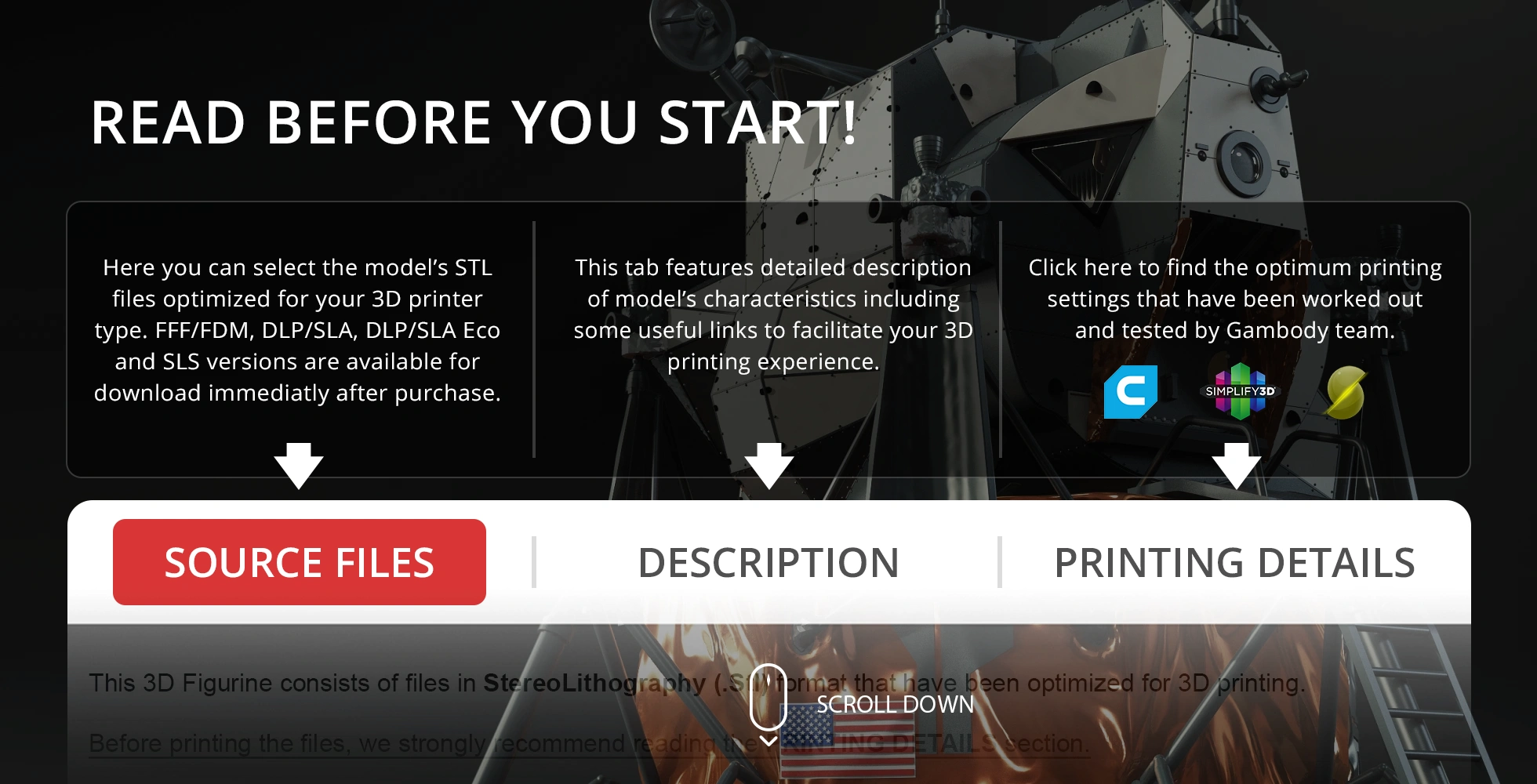 Apollo 11 Lunar Module 3D model info page with tabs for source files, description, and printing details.