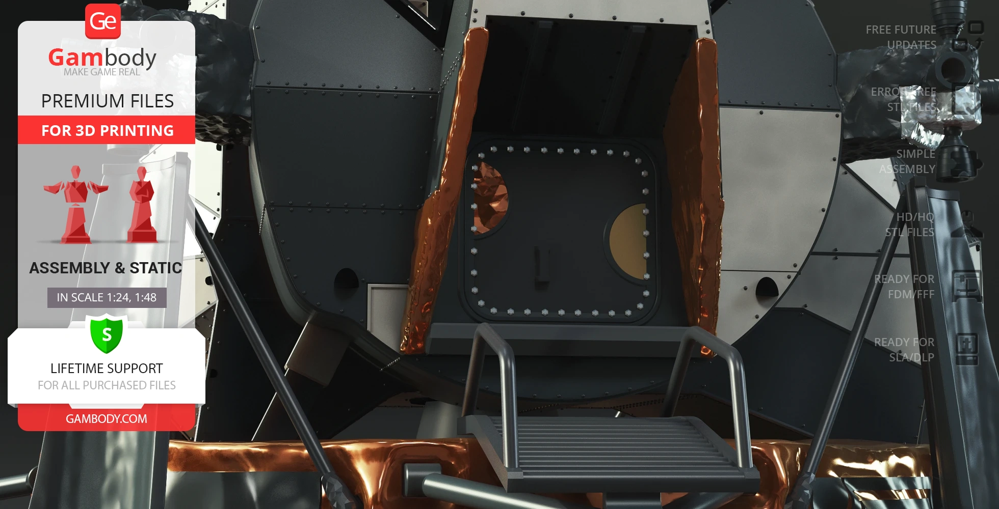 3D model of Apollo 11 Lunar Module Eagle for printing, featuring a detailed hatch and landing gear.