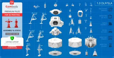 Apollo 11 Lunar Module Eagle 3D printable parts layout with assembly guide on blue grid background.