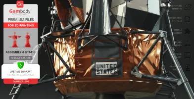 Apollo 11 Lunar Module Eagle model for 3D printing, showing structural details and 'United States' text.