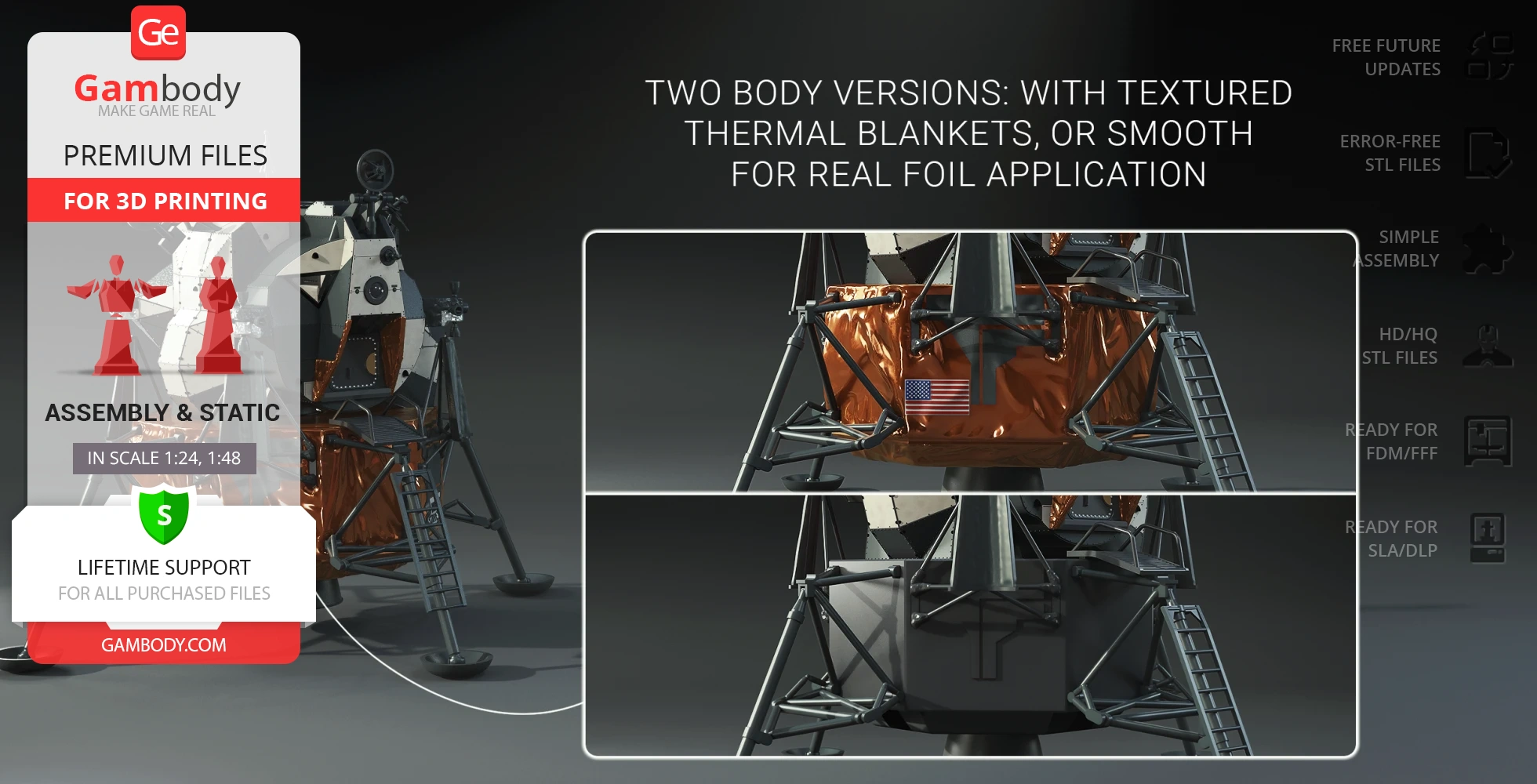 3D printable Apollo 11 Lunar Module model, featuring textured and smooth body options.