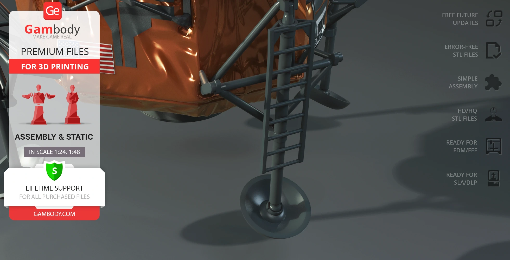 3D model of Apollo 11 Lunar Module Eagle, featuring detailed landing gear and ladder for 3D printing.