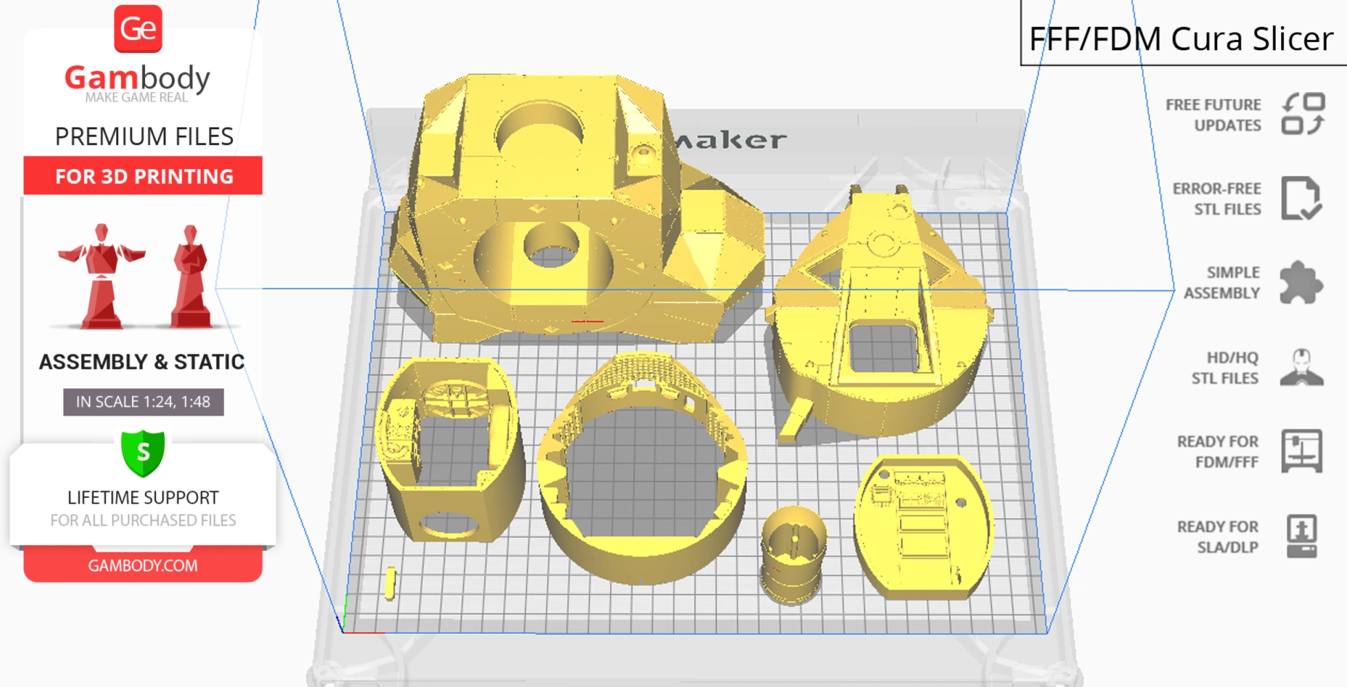 Yellow 3D model parts of the Apollo 11 Lunar Module Eagle on a grid in Cura slicer.