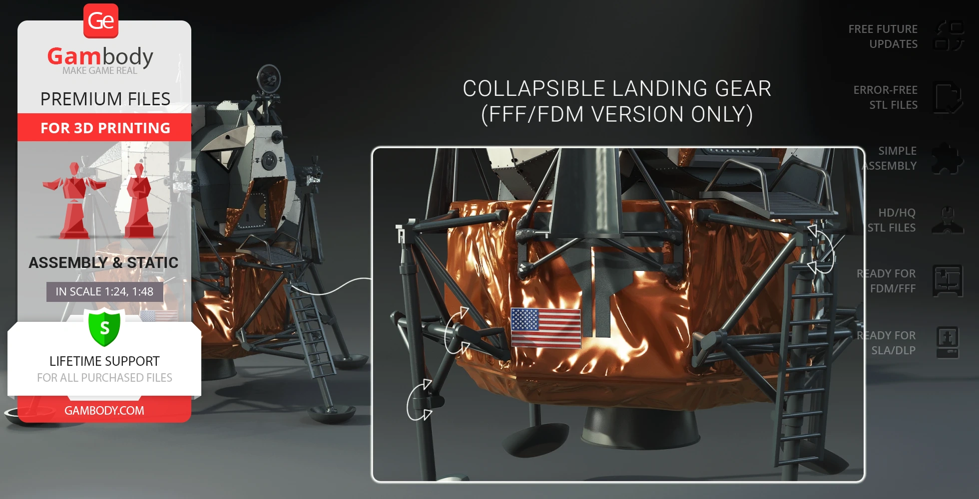 3D model of Apollo 11 Lunar Module Eagle with collapsible landing gear for 3D printing.