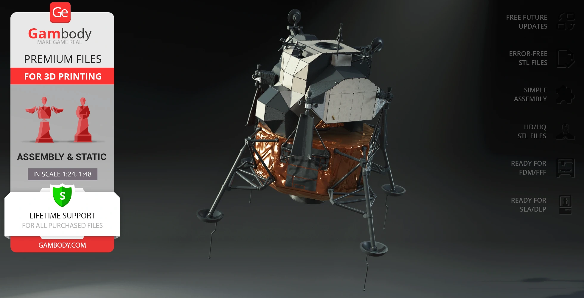 Apollo 11 Lunar Module 3D model for printing, detailed and ready for assembly, displayed by Gambody.