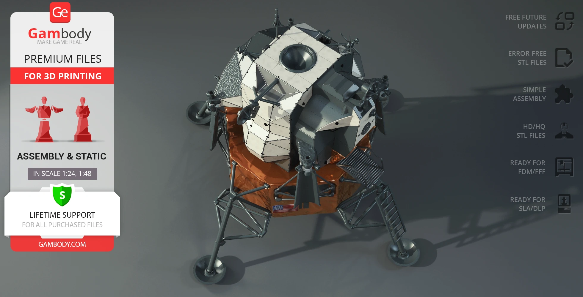 3D model of Apollo 11 Lunar Module Eagle for printing, featuring detailed landing gear and exterior panels.