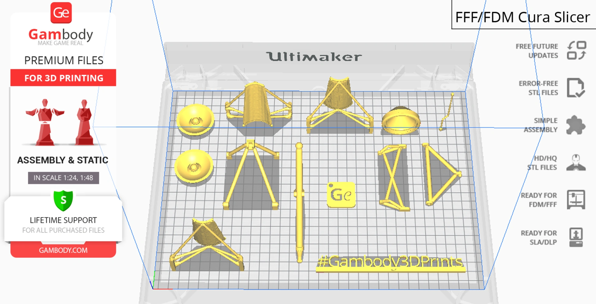 Various 3D-printed parts of the Apollo 11 Lunar Module Eagle, arranged on a grid for assembly.
