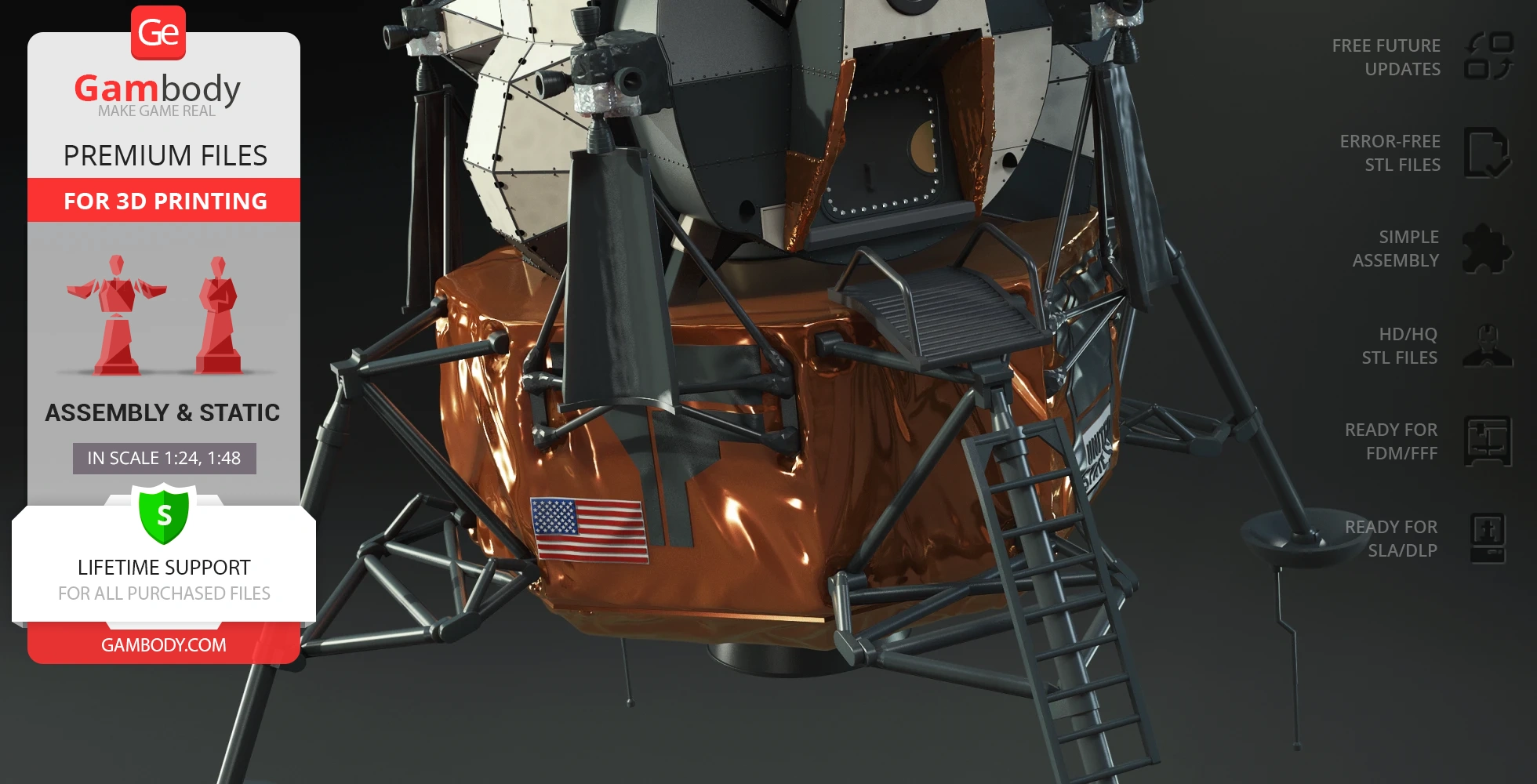 Apollo 11 Lunar Module STL model for 3D printing, featuring detailed components and U.S. flag.