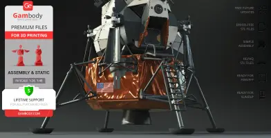 Apollo 11 Lunar Module Eagle 3D model with intricate details and U.S. flag, ready for 3D printing.