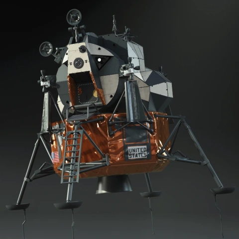 3D model of Apollo 11 Lunar Module Eagle with detailed landing gear and surface textures.