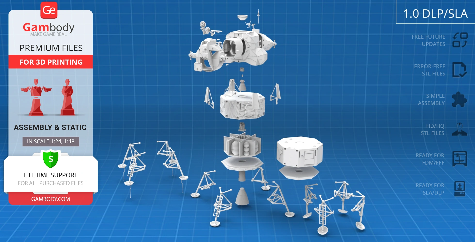 3D model of Apollo 11 Lunar Module, disassembled for printing, on a blue background with Gambody branding.