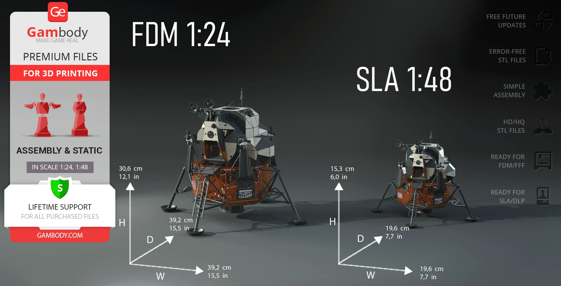 3D models of Apollo 11 Lunar Module for 3D printing, shown in FDM 1:24 and SLA 1:48 scales.